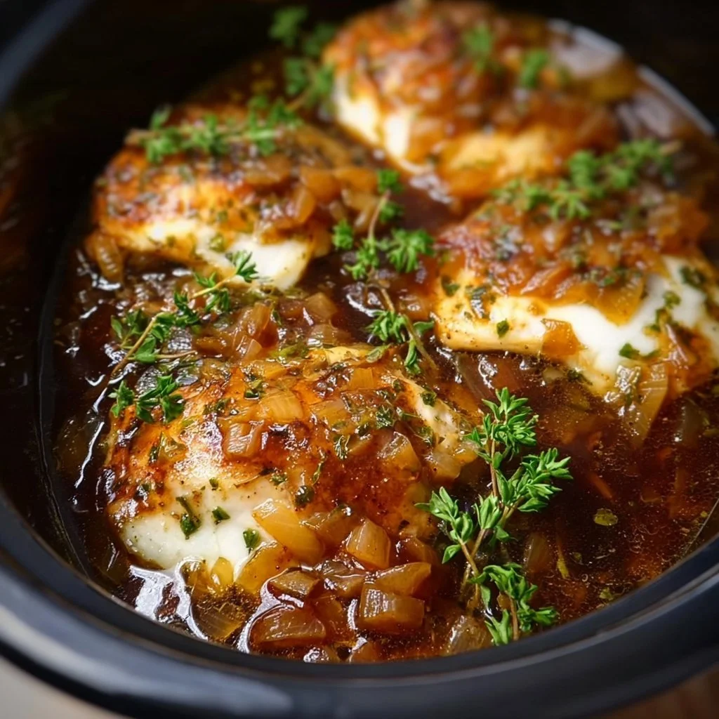 Delicious Crock Pot French Onion Chicken served with melted cheese and herbs