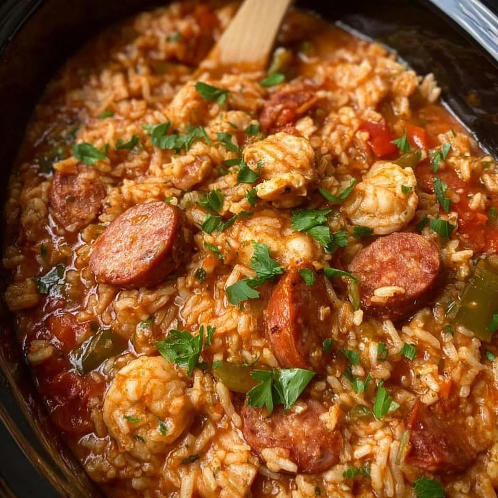 Delicious Crock Pot Jambalaya with shrimp, sausage, and rice