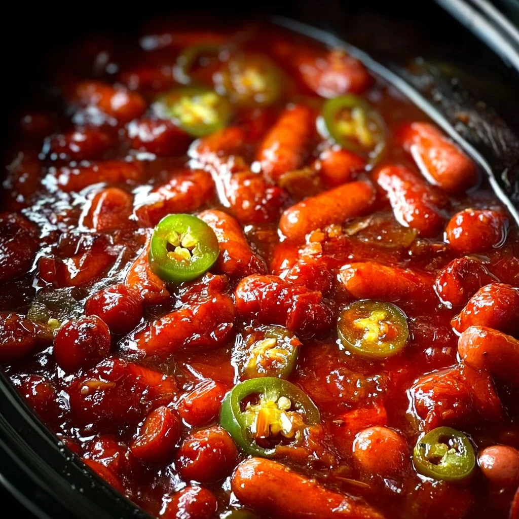 Crock Pot Little Smokies cooking in a slow cooker with BBQ sauce.