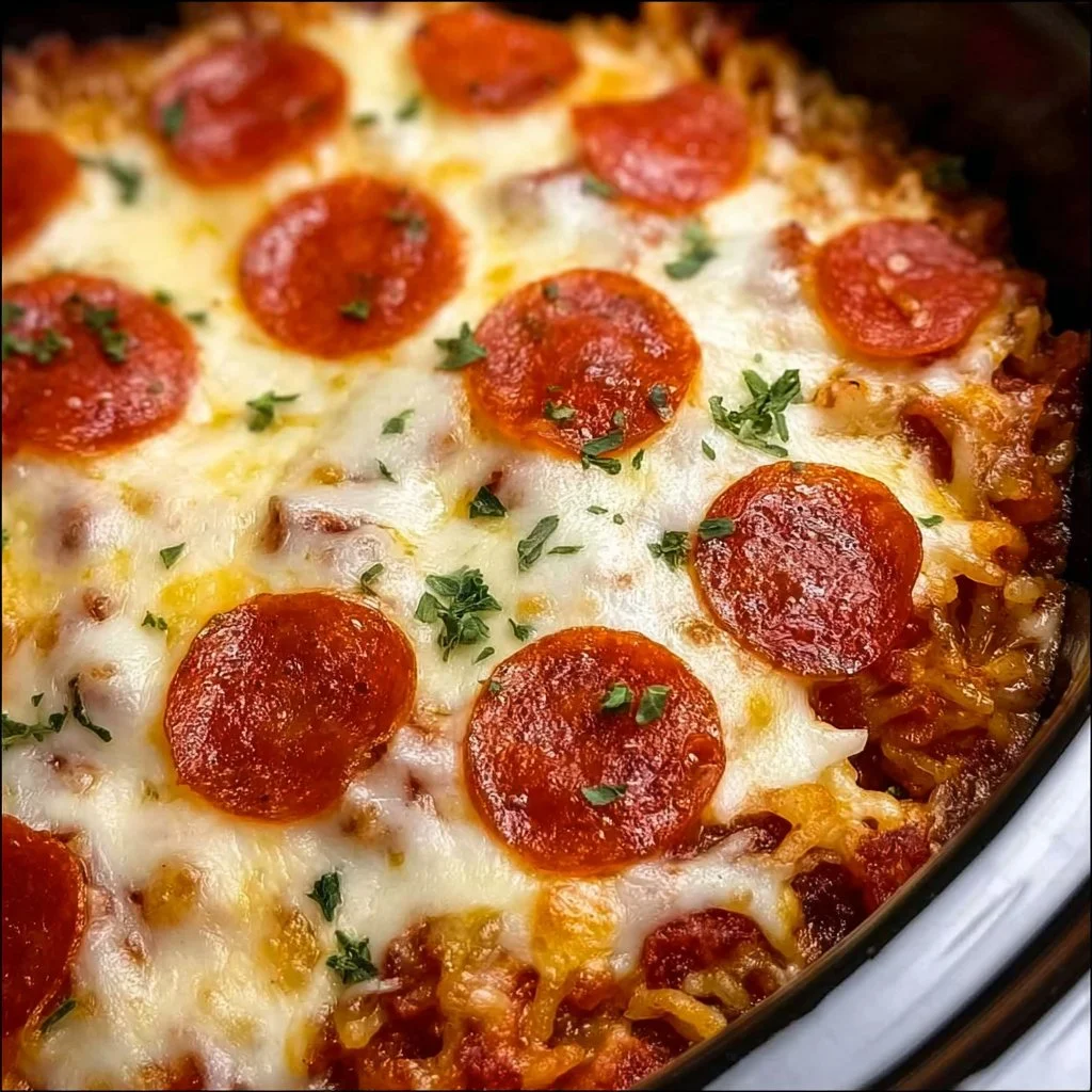 Easy Crock Pot Pizza Casserole dish with ingredients layered in a pot