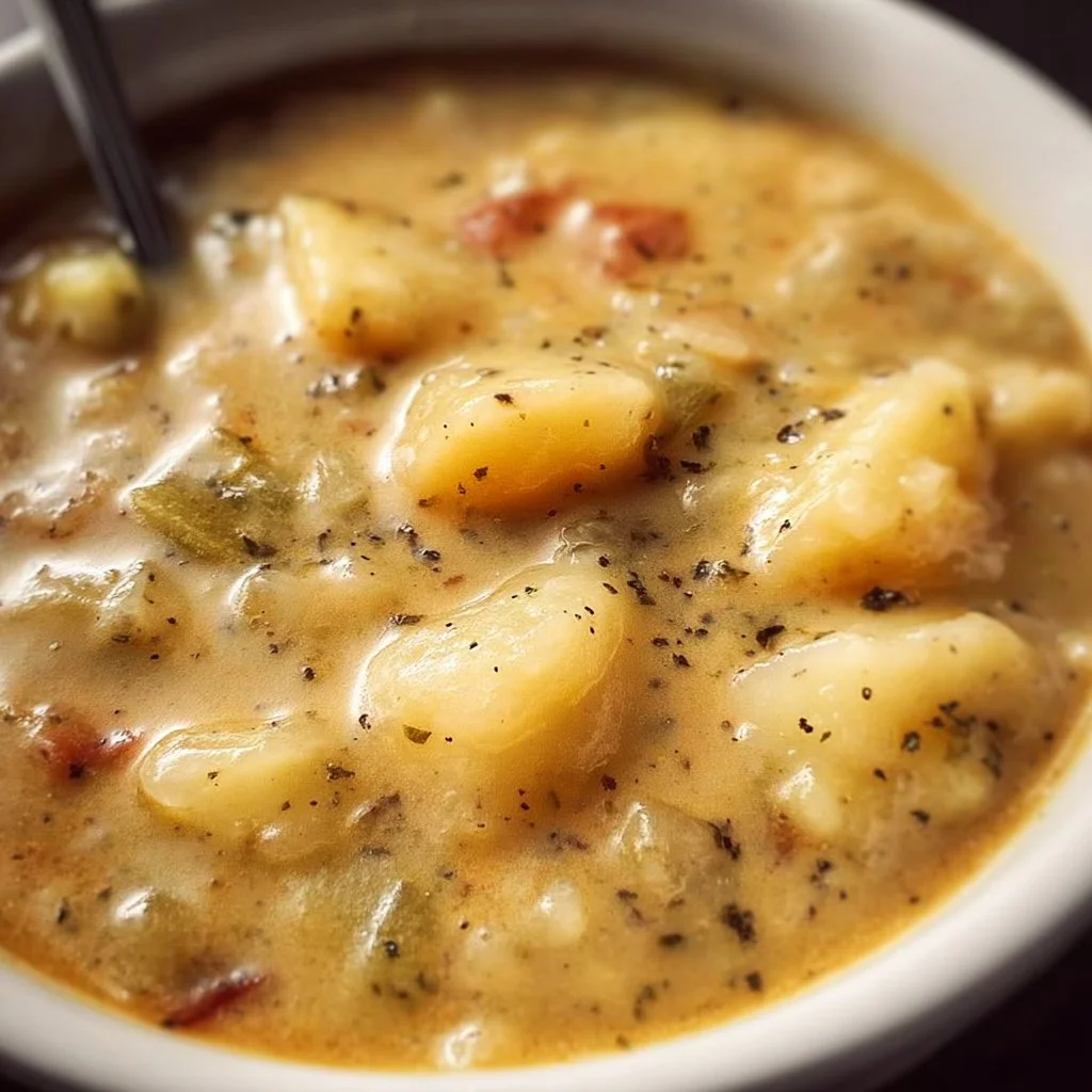 Bowl of creamy crock pot potato soup garnished with chives and bacon