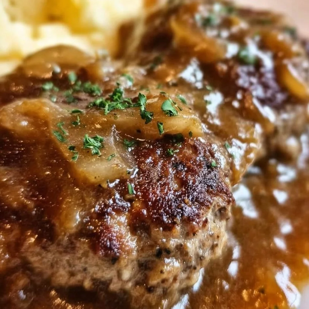 Delicious Crock Pot Salisbury Steak served with mashed potatoes.