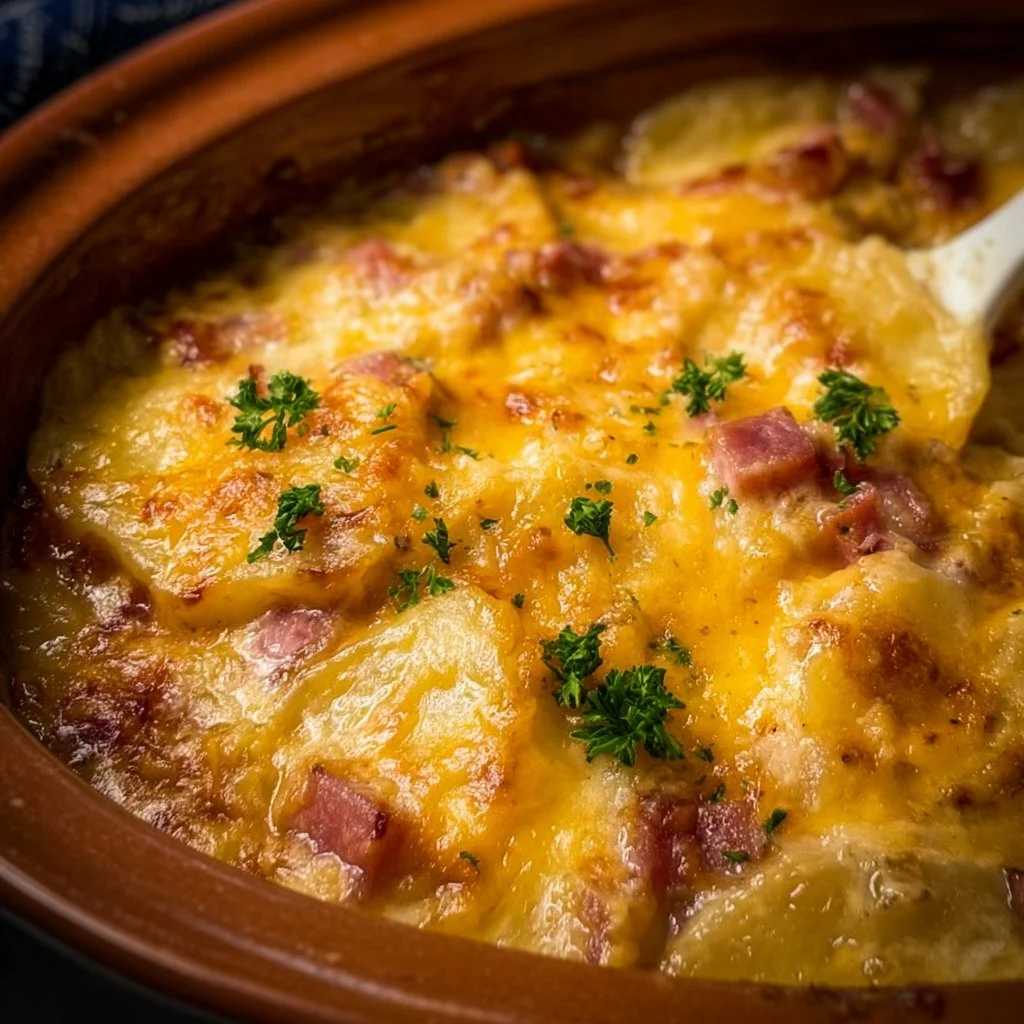 Crock pot scalloped potatoes and ham served in a dish