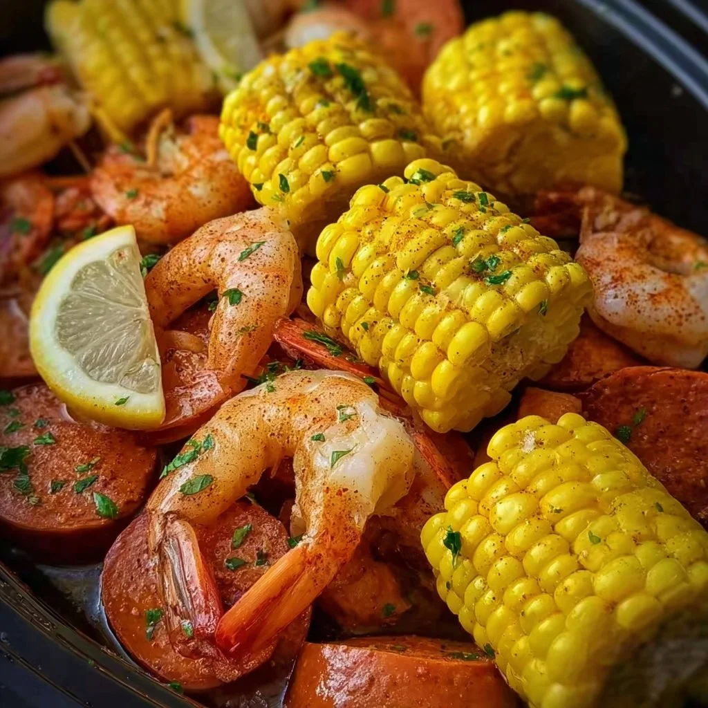 Delicious Crock Pot Shrimp Boil with shrimp, potatoes, and corn in a flavorful broth.