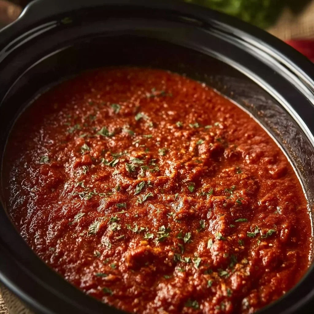 A delicious bowl of homemade crock pot spaghetti sauce with herbs and spices