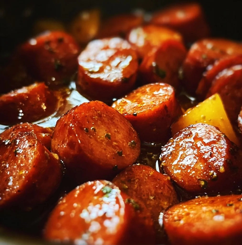 Crock Pot Sweet Sausage dish ready to serve with herbs and spices.