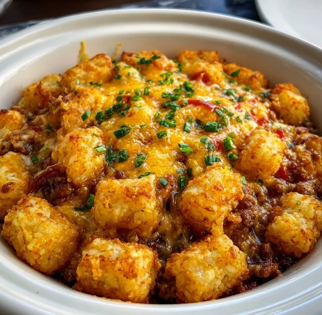 Delicious Crock Pot tater tot casserole topped with melted cheese and herbs.