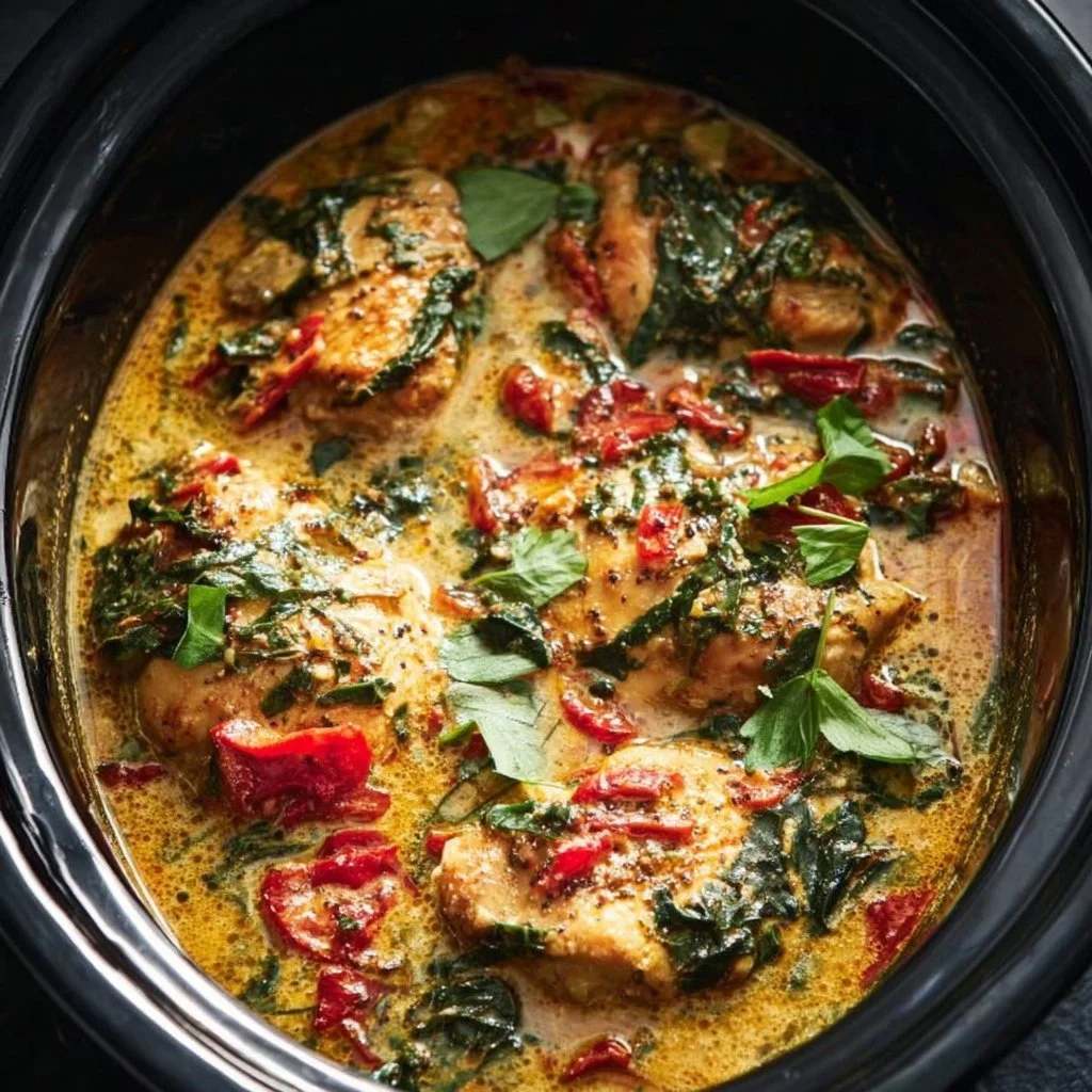 Crock-Pot Tuscan Chicken Thighs served with fresh herbs and vegetables