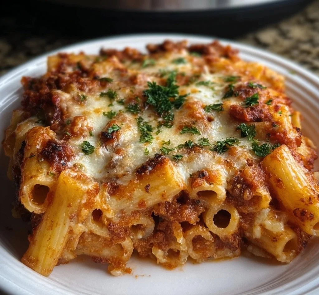 Delicious Crockpot Baked Ziti served in a bowl with cheese on top
