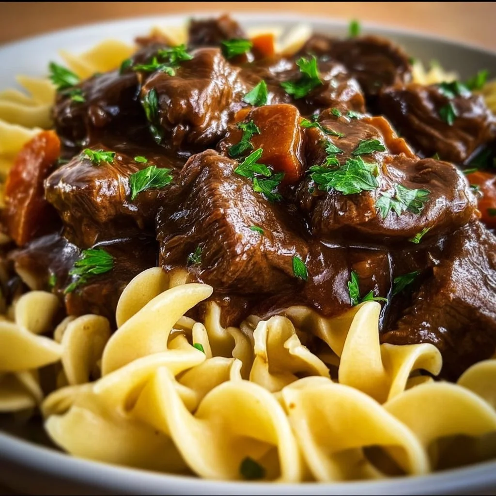 Crockpot beef tips served over noodles with vegetables.