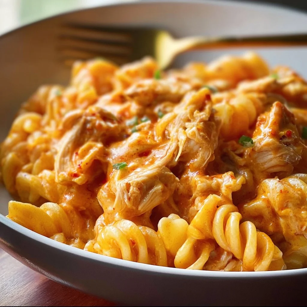 Crockpot Buffalo Chicken Macaroni and Cheese in a serving dish