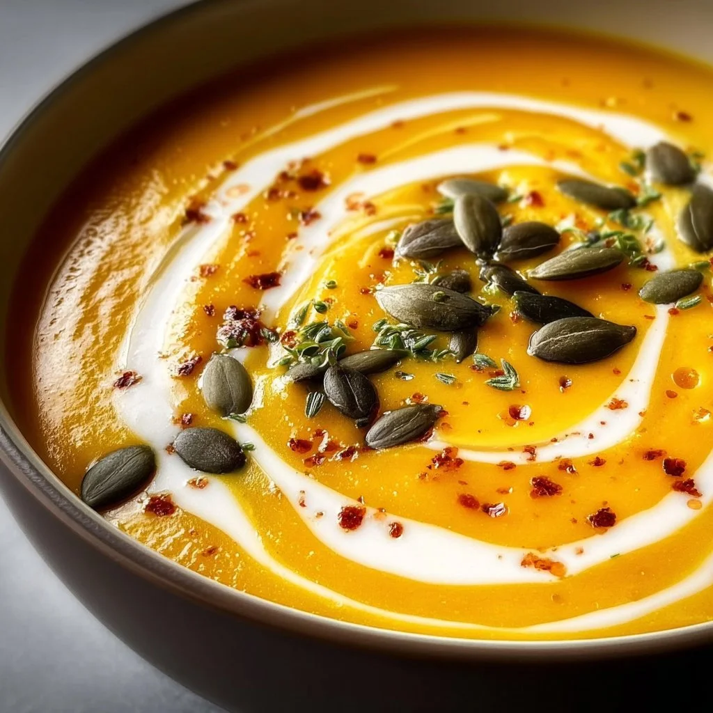 A bowl of creamy Crockpot Butternut Squash Soup garnished with herbs.