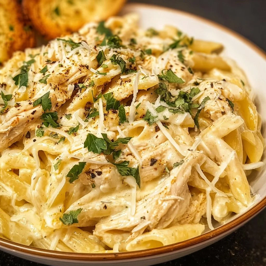 Crockpot Chicken Alfredo served with fresh parsley and parmesan cheese