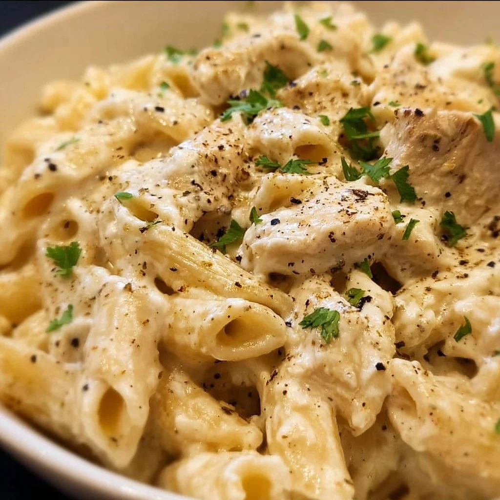 Crockpot Chicken Alfredo - creamy pasta dish with chicken and alfredo sauce