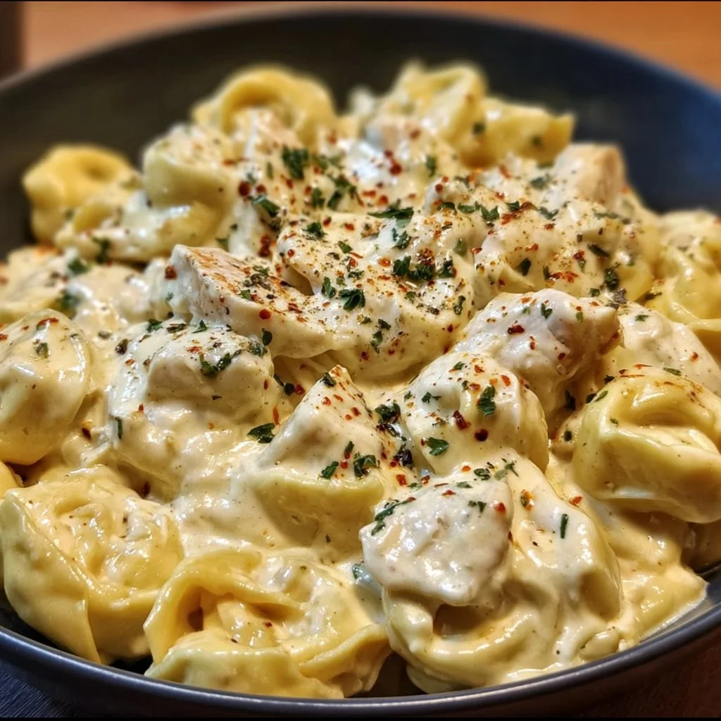 Delicious Crockpot Chicken Alfredo Tortellini in a bowl garnished with parsley