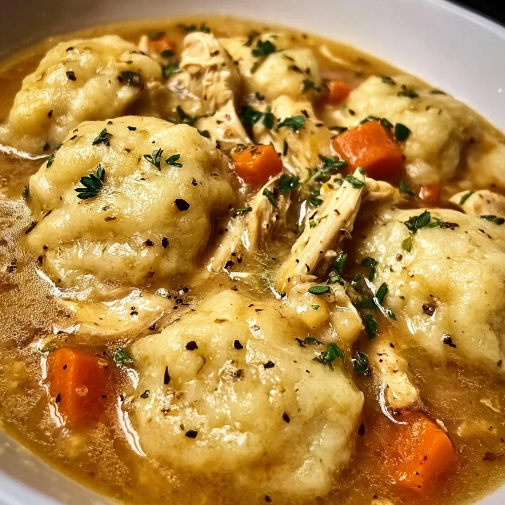 Crockpot chicken and dumplings served in a bowl with herbs