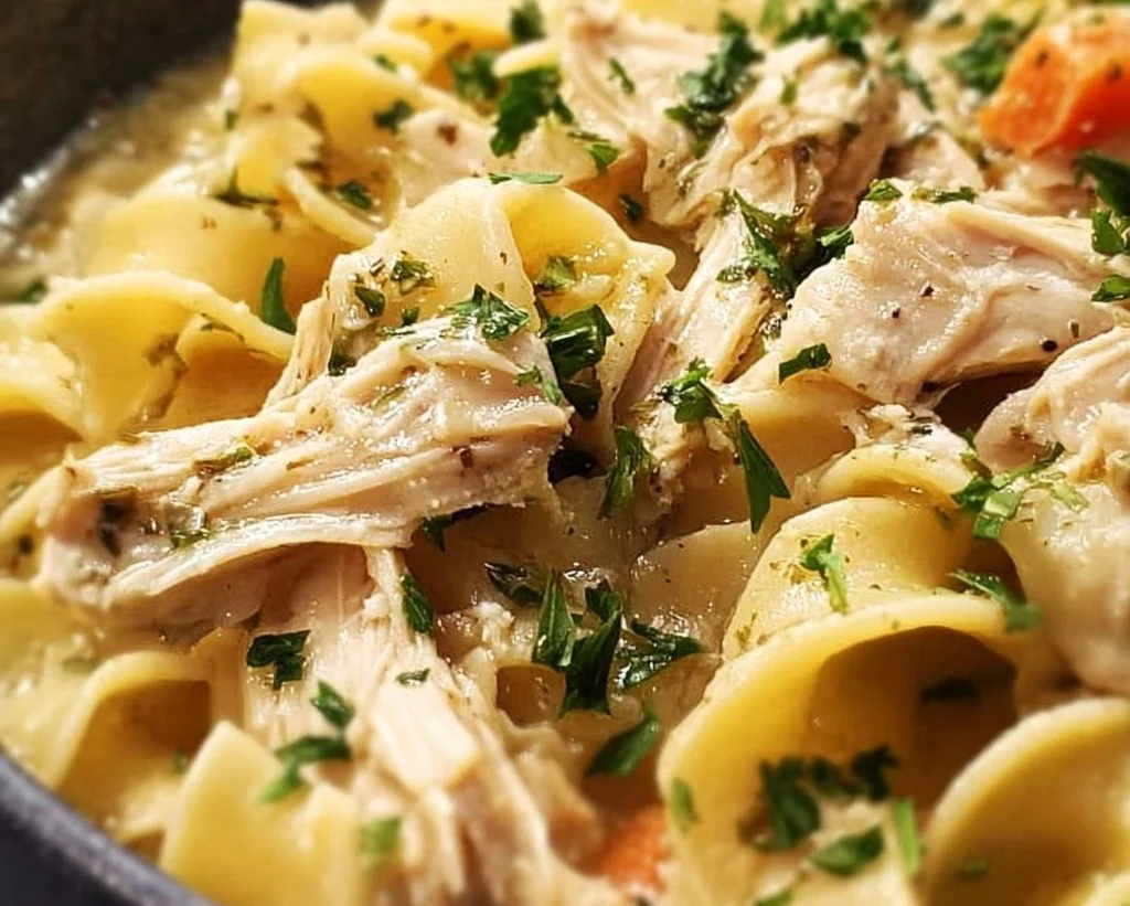 Comforting bowl of Crockpot Chicken and Noodles with herbs and spices