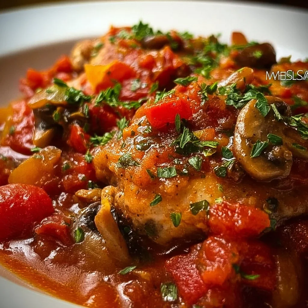 Delicious Crockpot Chicken Cacciatore recipe with herbs and vegetables.