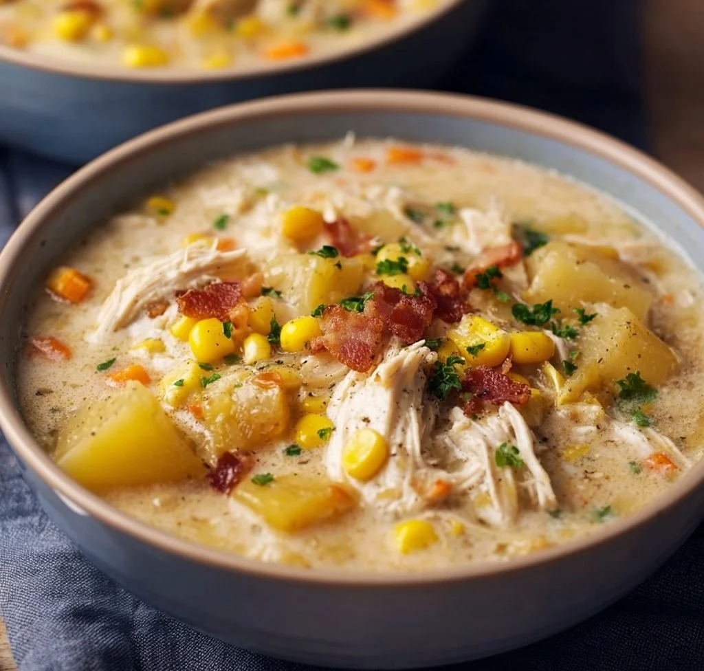 A bowl of creamy Crockpot Chicken Corn Chowder with corn and chicken pieces.