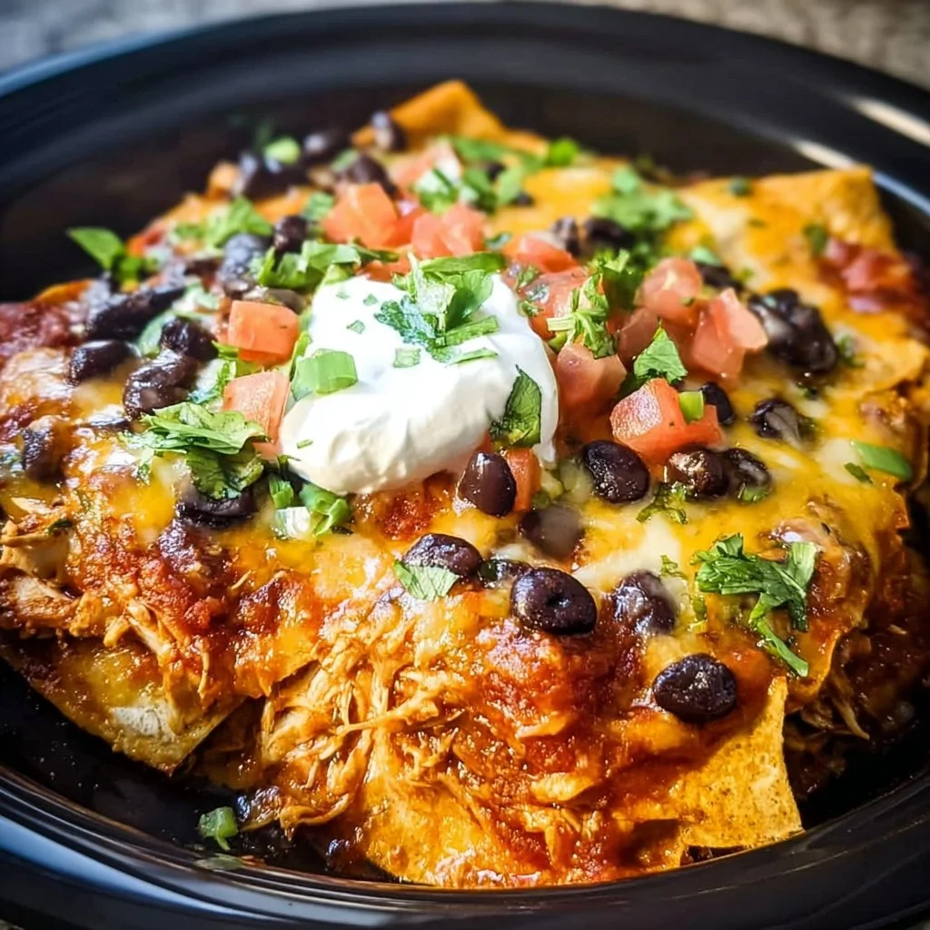 Delicious Crockpot Chicken Enchilada Casserole served in a dish