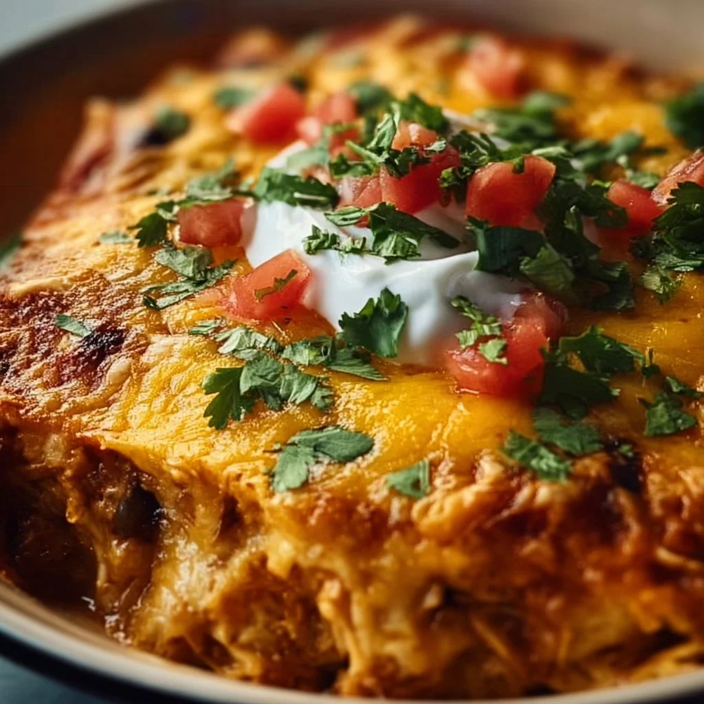 Delicious Crockpot chicken enchilada casserole with layers of flavor and cheese