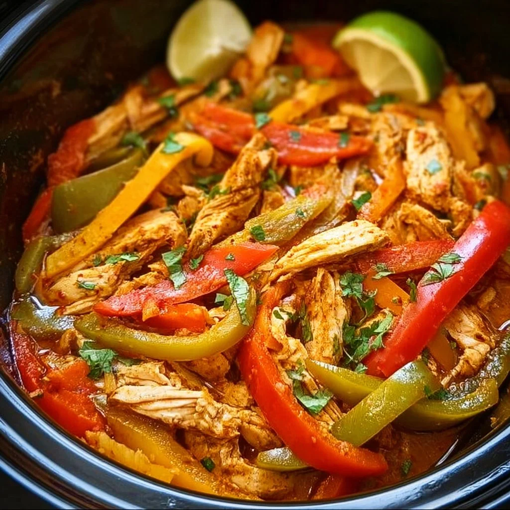 Delicious Crockpot Chicken Fajitas with peppers, onions, and spices.