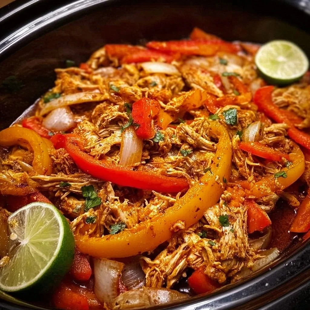 Crockpot chicken fajitas served with peppers and onions