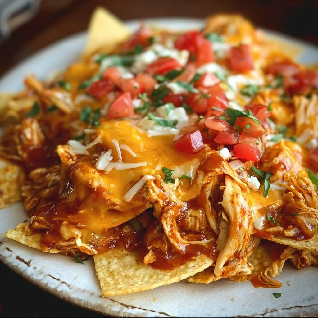 Crockpot Chicken Nachos loaded with melted cheese and toppings
