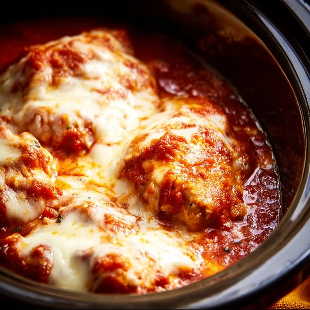 Delicious Crockpot Chicken Parmesan topped with marinara sauce and cheese