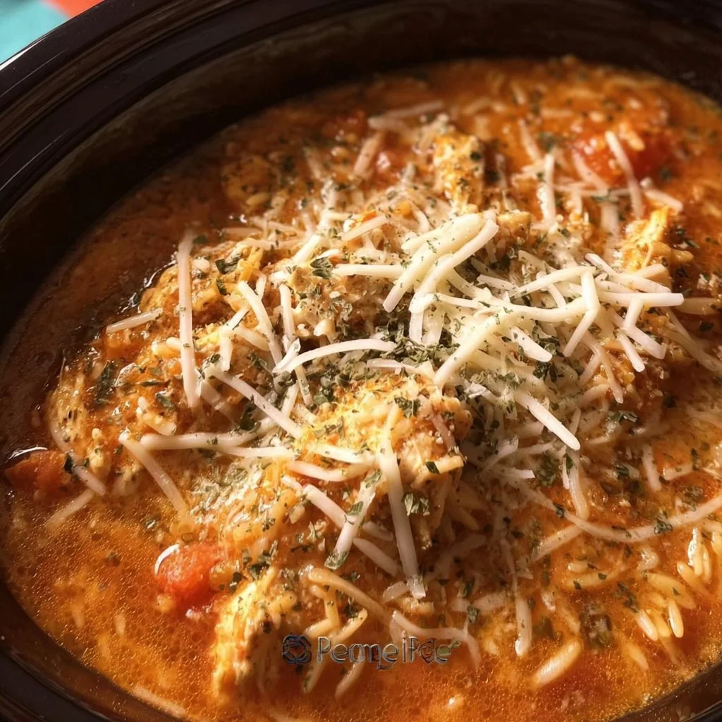 Crockpot Chicken Parmesan Soup served in a bowl with cheese and herbs on top