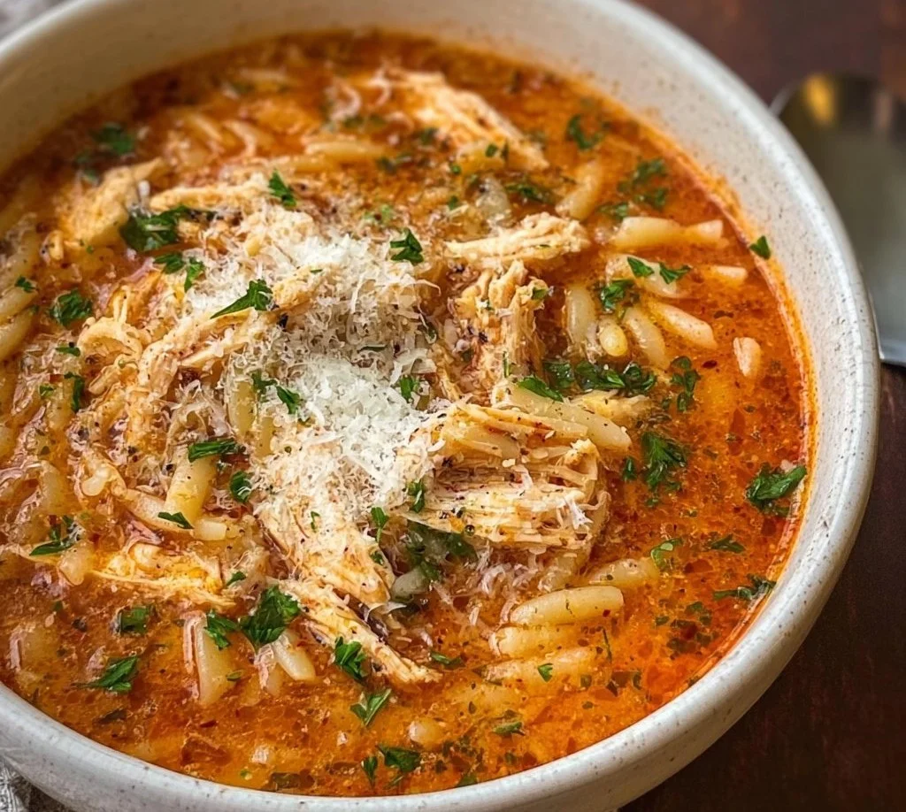 Delicious bowl of Crockpot Chicken Parmesan Soup topped with herbs and cheese