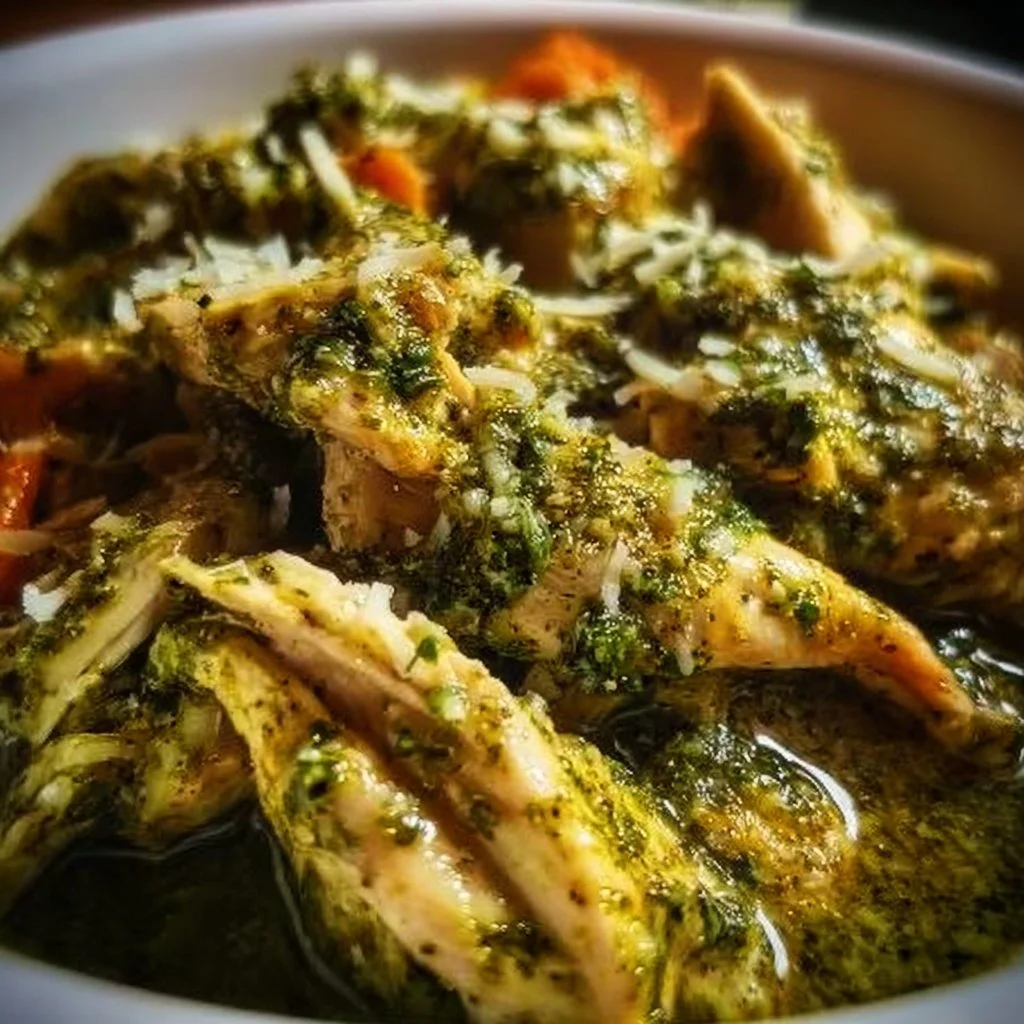 Crockpot Chicken Pesto dish with fresh basil and chicken in a slow cooker