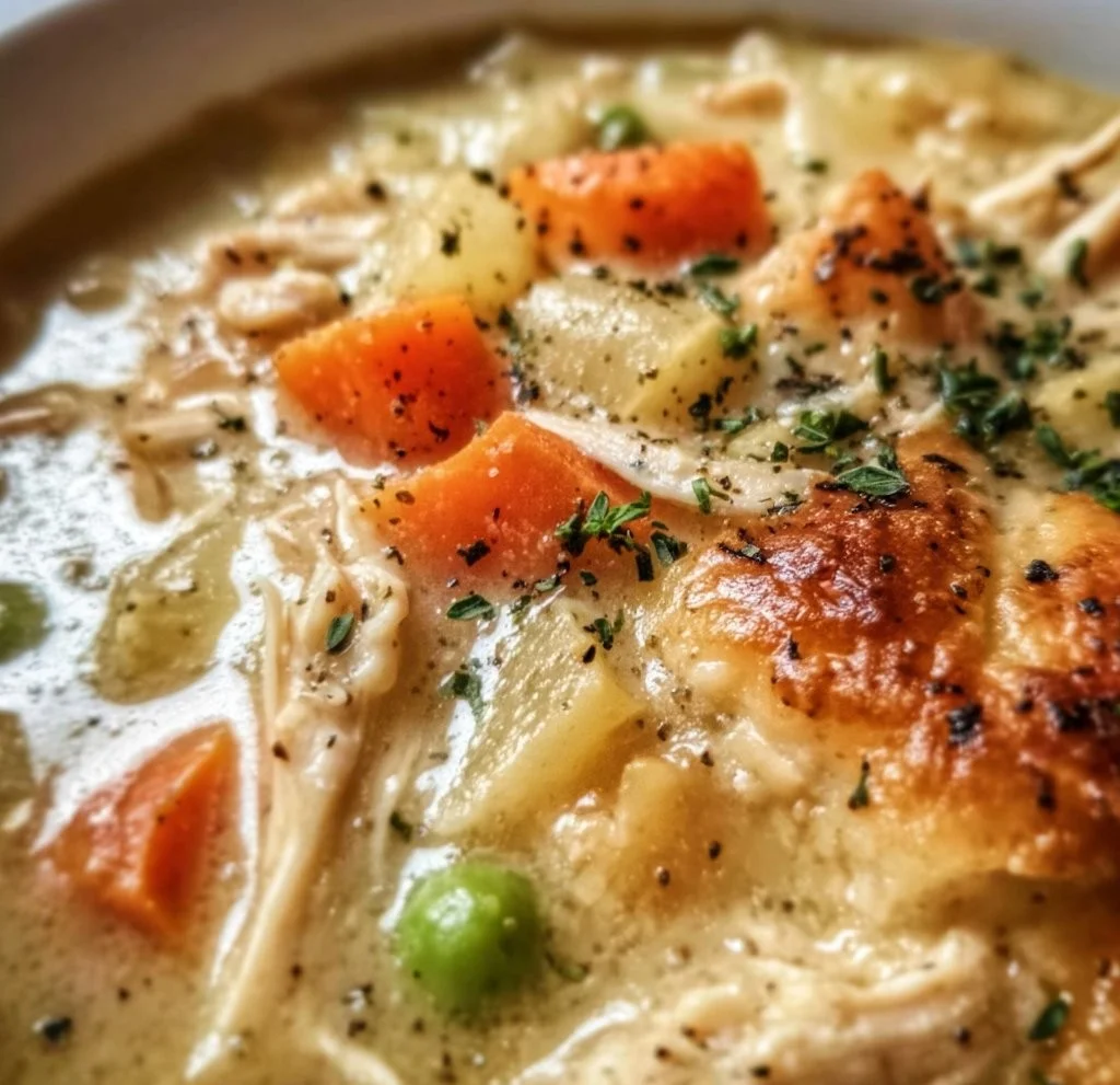 Crockpot Chicken Pot Pie Soup with vegetables and chicken