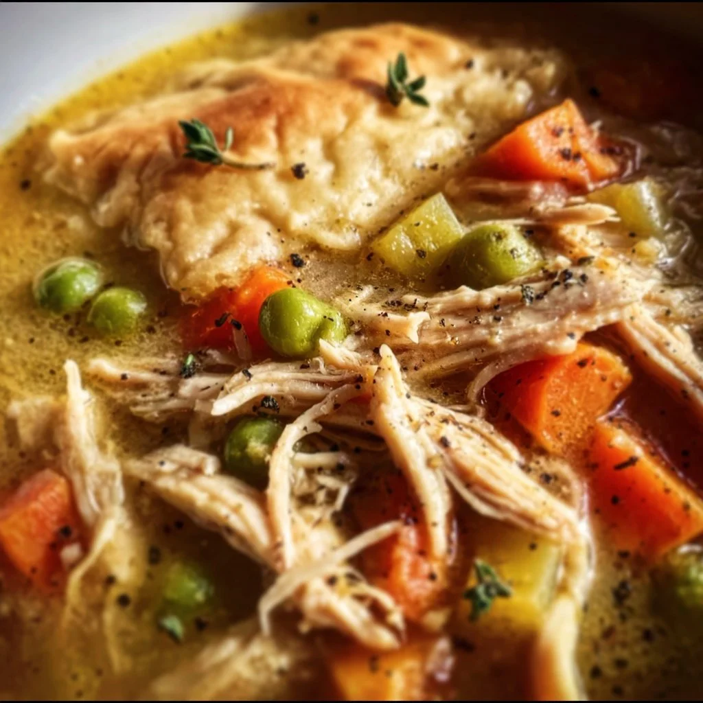 Bowl of Crockpot chicken pot pie soup served with fresh herbs and crackers