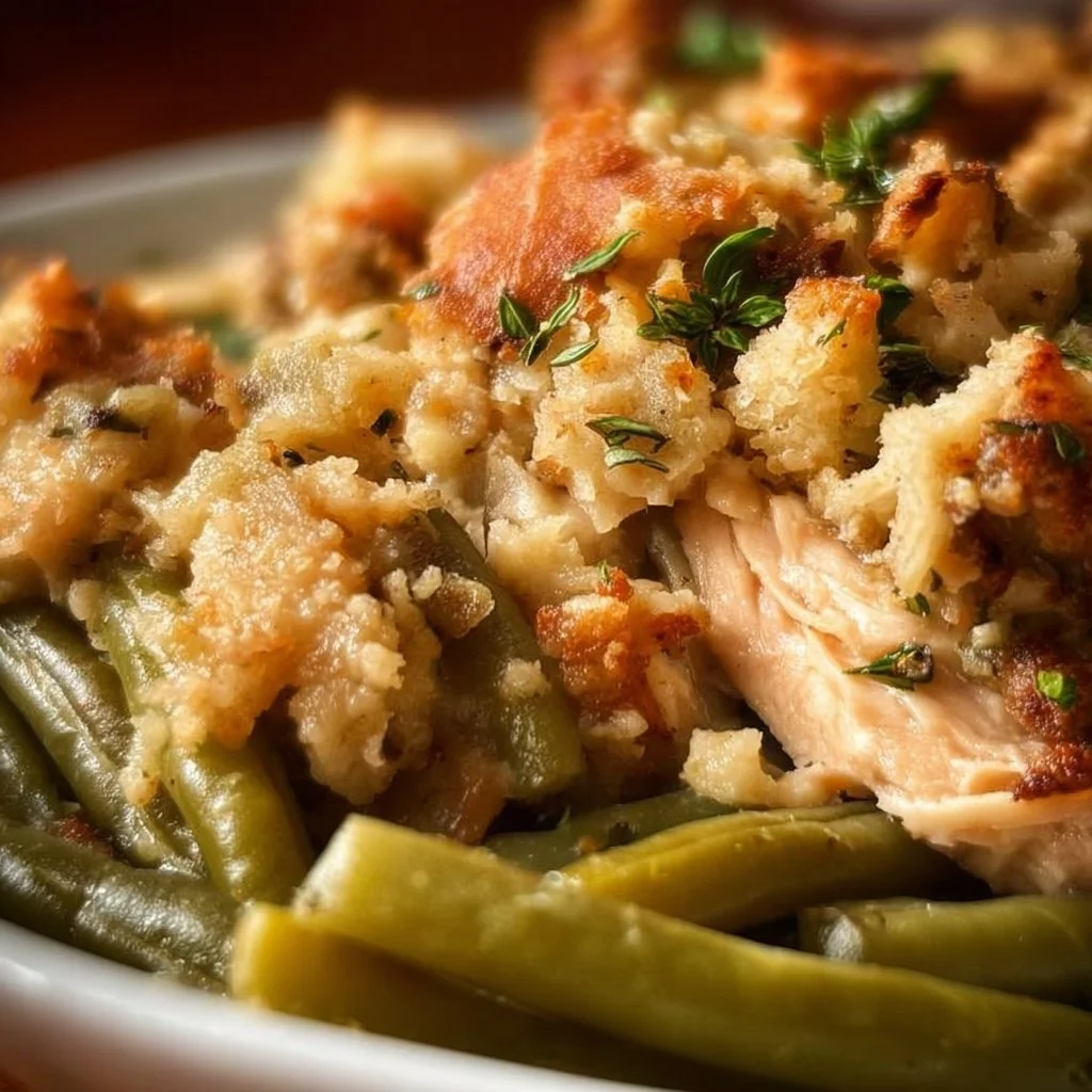 Delicious Crockpot Chicken with stuffing and green beans ready to serve