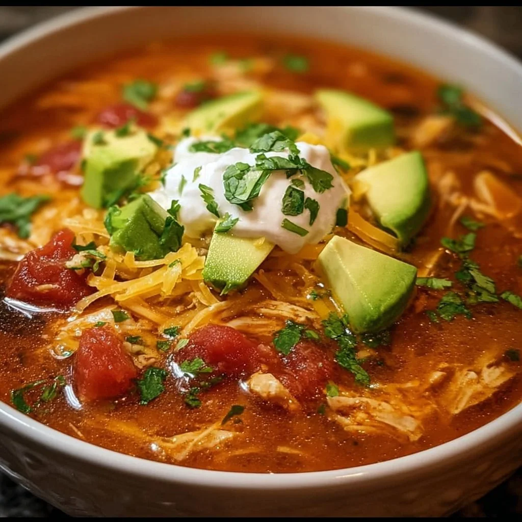 Crockpot Chicken Tortilla Soup in a bowl with toppings