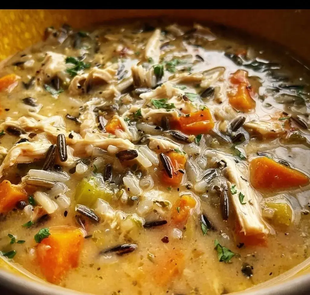 Delicious crockpot chicken wild rice soup in a bowl garnished with herbs