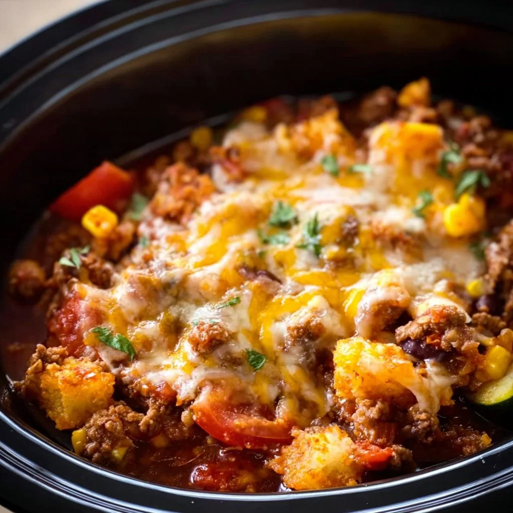 Crockpot Cowboy Casserole dish with ground beef, corn, and cheese