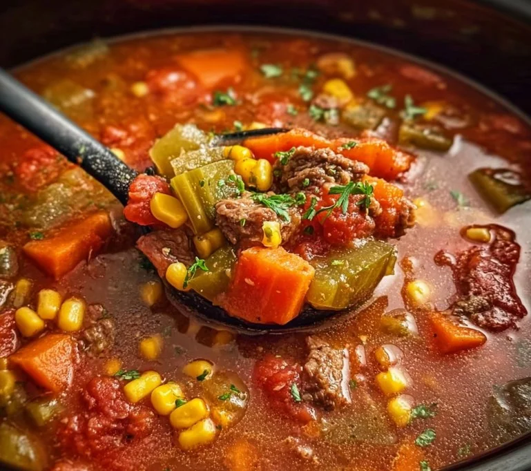 Delicious Crockpot Cowboy Soup served in a bowl with fresh herbs