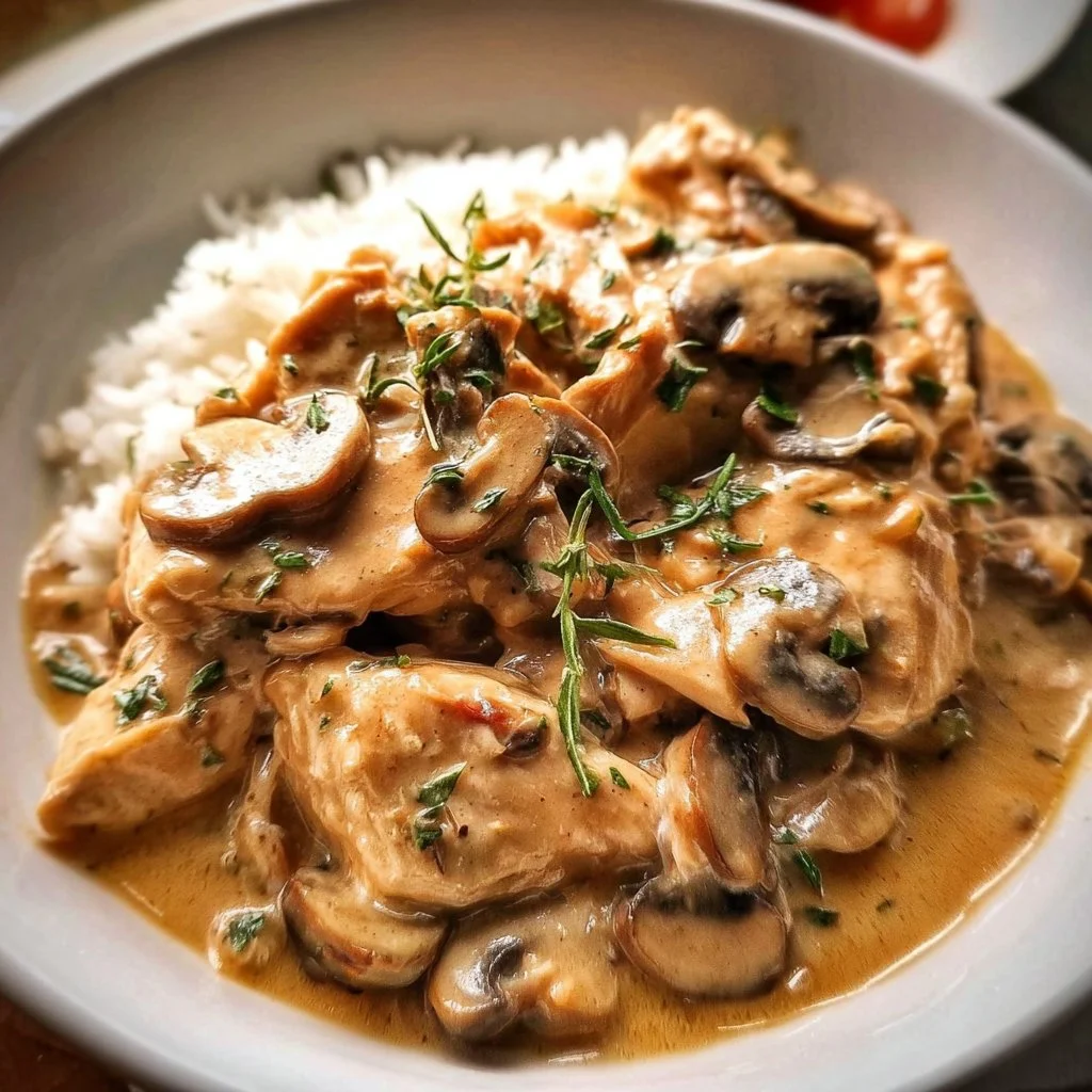 Crockpot Cream of Mushroom Chicken dish served in a bowl with fresh herbs.