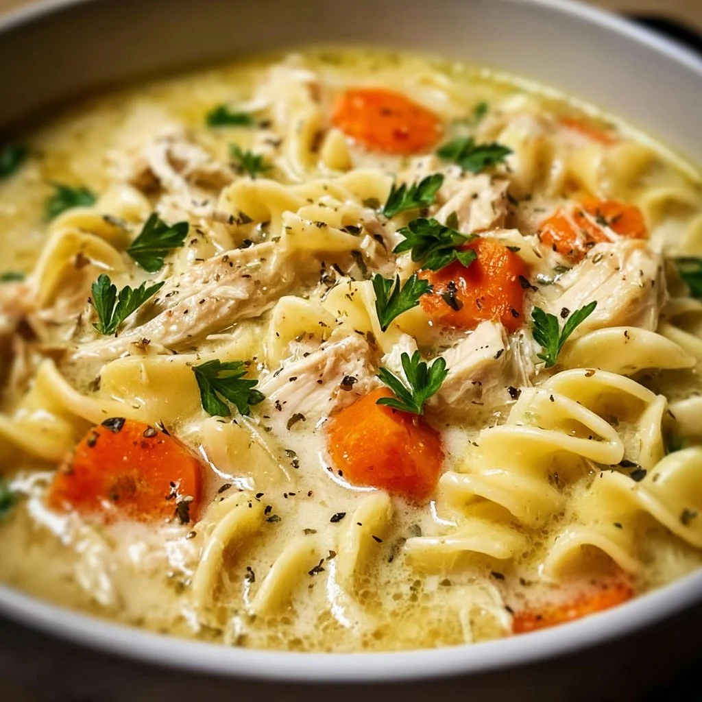 Bowl of Crockpot Creamy Chicken Noodle Soup with fresh ingredients