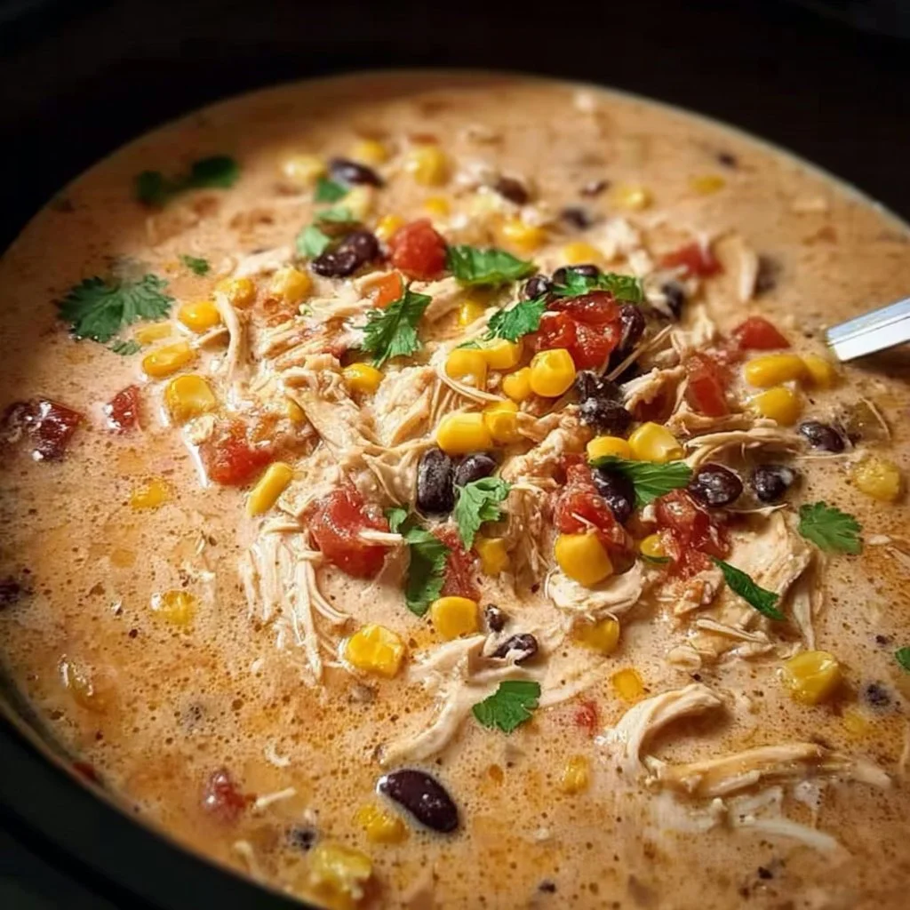 Bowl of Crockpot Creamy Chicken Taco Soup with toppings
