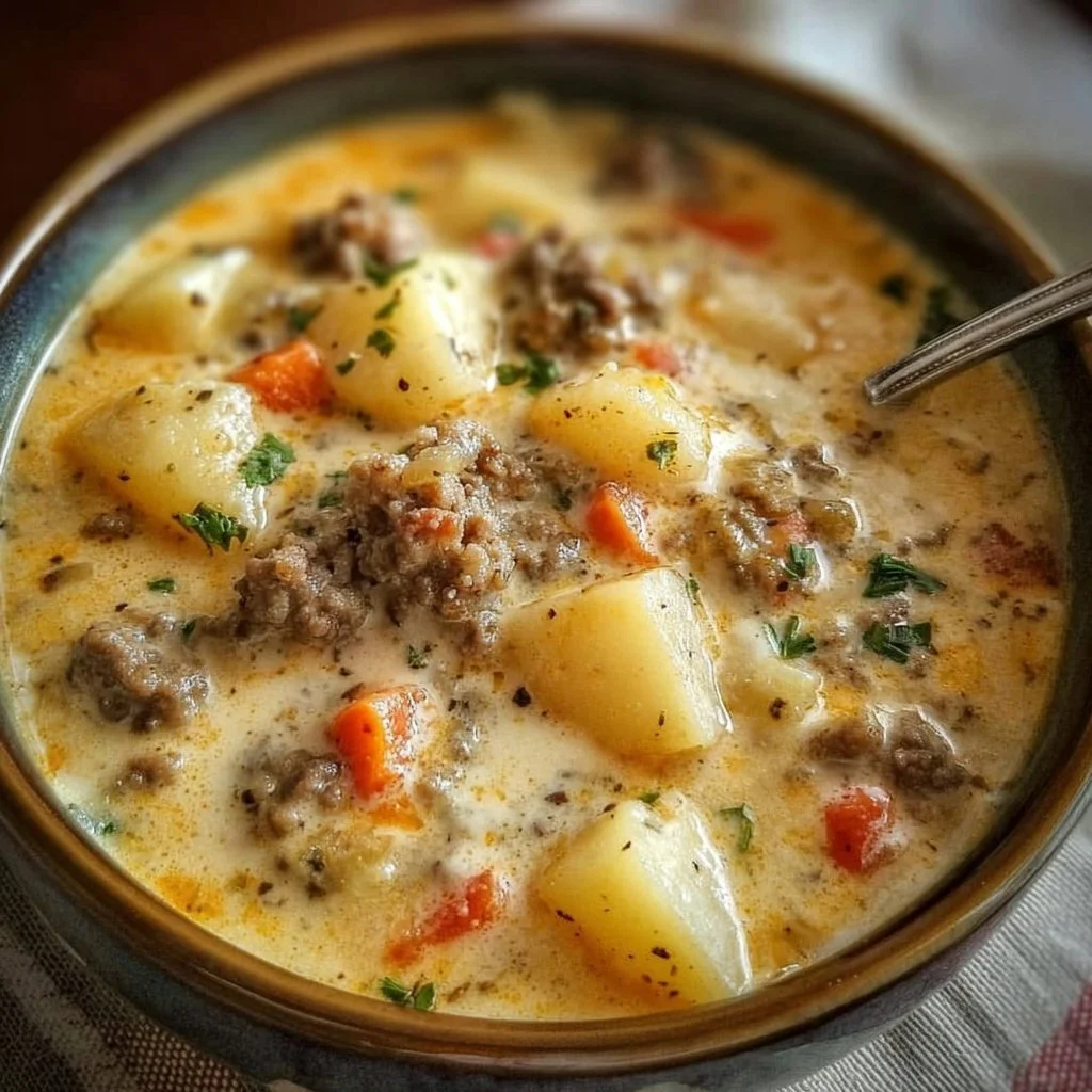 Crockpot Creamy Potato and Hamburger Soup in a bowl with fresh herbs garnish
