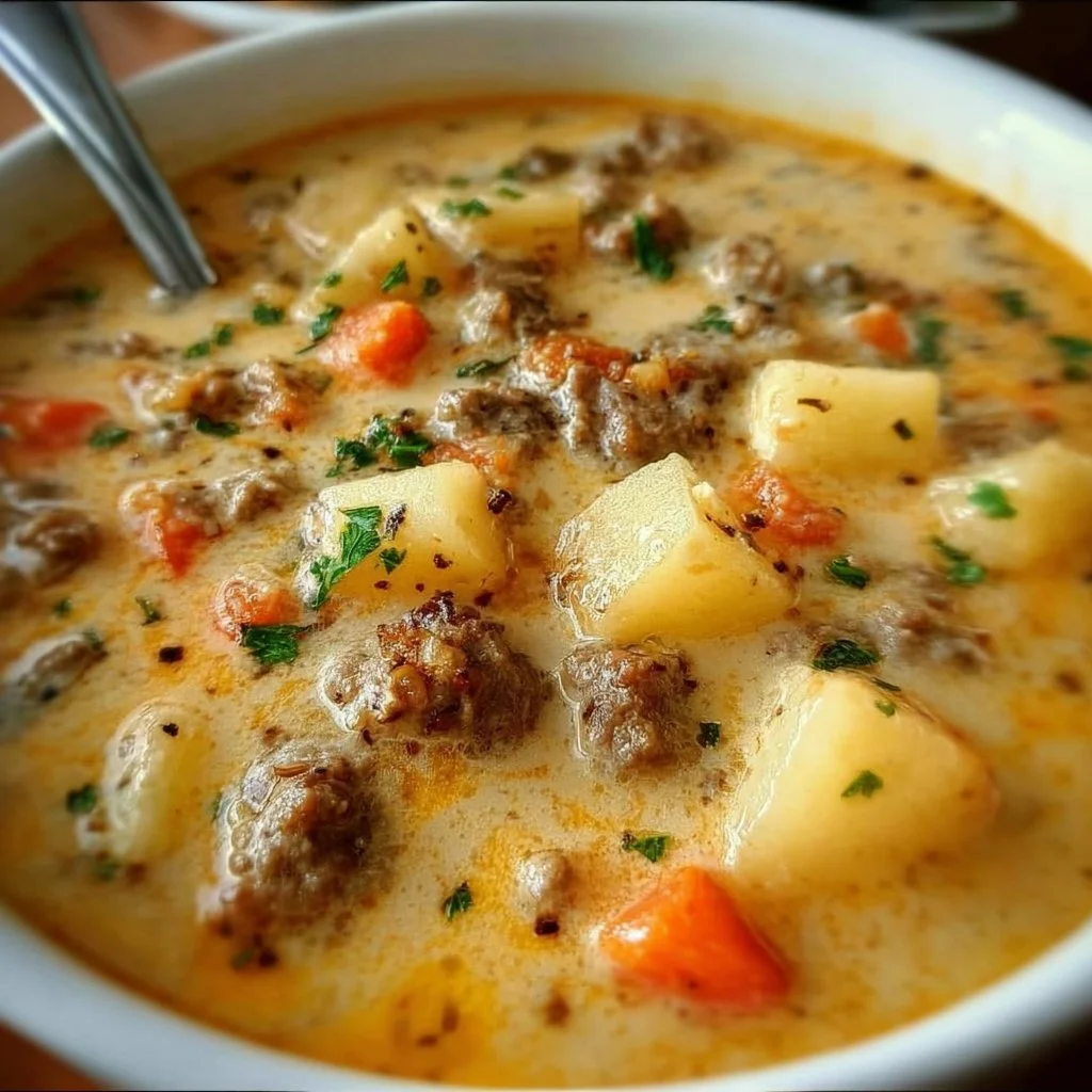 Crockpot Creamy Potato and Hamburger Soup in a bowl, garnished with herbs.