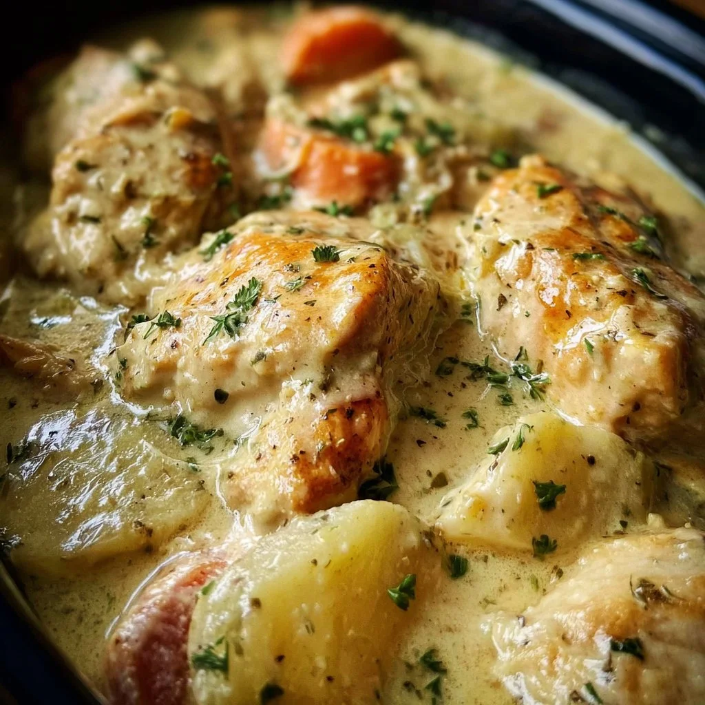 Crockpot Creamy Ranch Chicken served with herbs