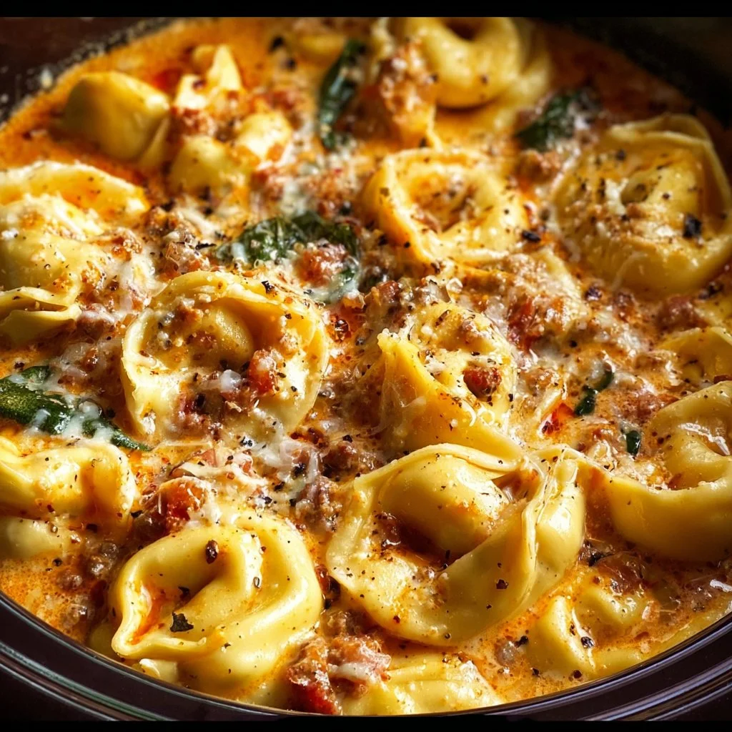 Crockpot creamy tortellini dish garnished with herbs in a bowl