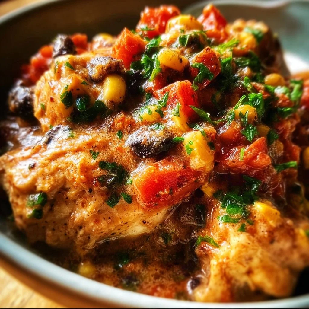 Crockpot Fiesta Chicken cooked with colorful vegetables and spices.