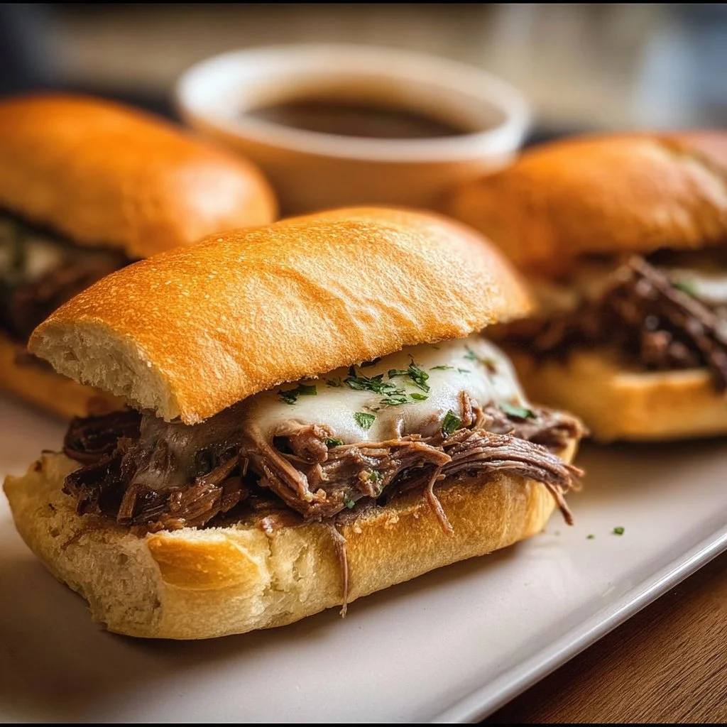 Delicious Crockpot French dip sandwiches served with au jus for dipping