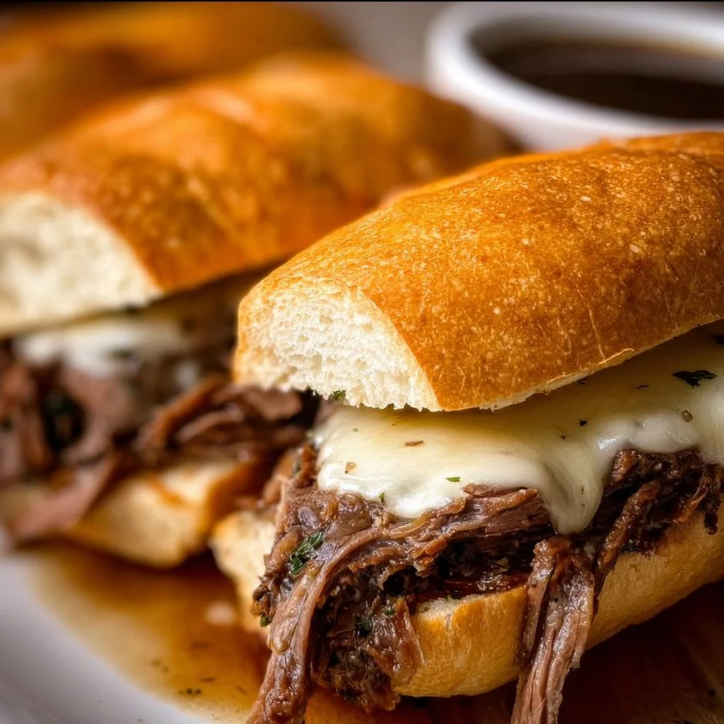 Slow-cooked Crockpot French Dip Sandwiches served with au jus.