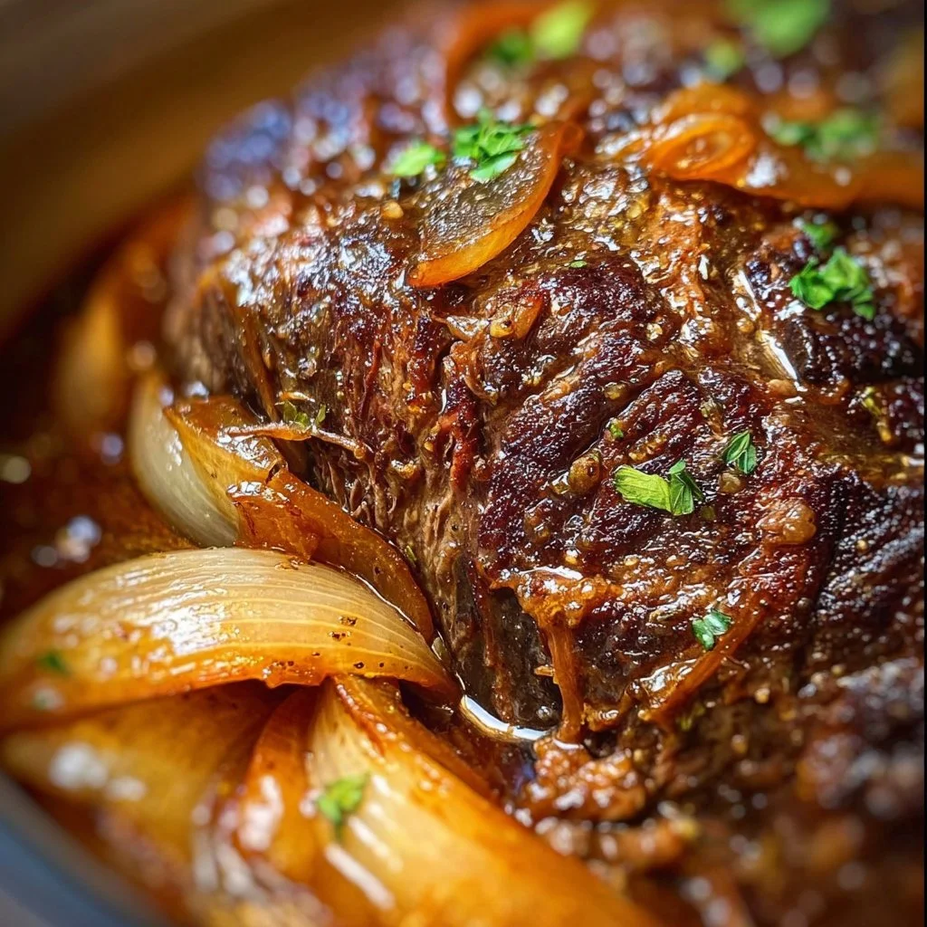 Crockpot French Onion Pot Roast served with caramelized onions and herbs